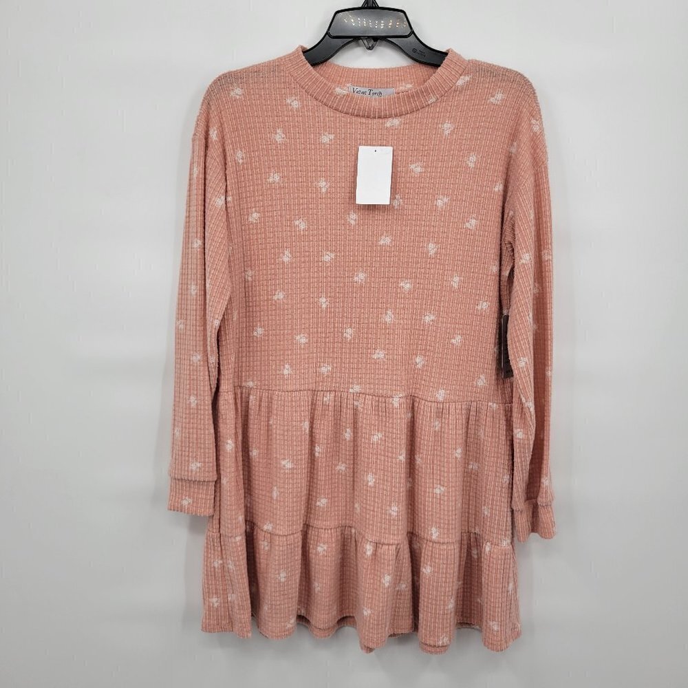 New Velvet Torch Women Pink Round Neck Crepe Long Sleeve Tiered Mini Dress Small